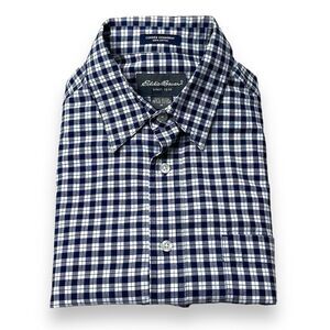 Eddie Bauer Shirt Mens Medium M Black‎ Plaid Chambray Short Sleeve Button Down